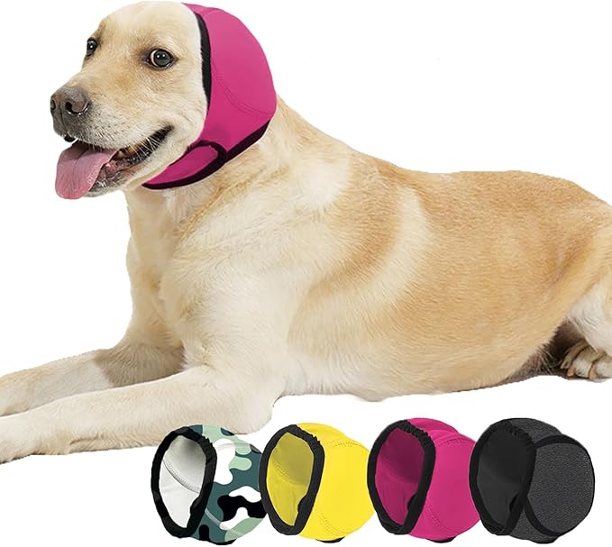BAMY Swimming Waterproof Dog Ear Caps, Calming Large Dog Ears Cover, Pet Shower Muffs for Ear Protection for Bath for Grooming (Pink, S (Head Circumference 10"-15"))