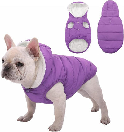 SAWMONG Waterproof Dog Winter Coat, Warm Fleece Lined Dog Jacket with Hood, Windproof Puppy Coat, Pet Apparel Vest Outdoor&Indoor Winter Activities(Purple,S)
