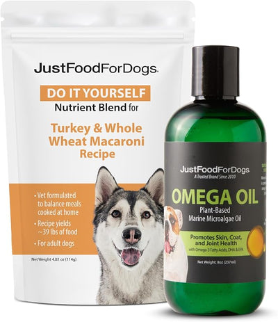 JustFoodForDogs DIY Homemade Turkey Dog Food Nutrient Blend and Omega Oil Bundle, Eco-Friendly Algae Oil, Omega-3 Fatty Acids