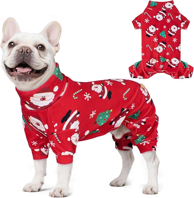 KYEESE Christmas Dog Pajamas Santa Claus Turtleneck Dog Pjs for Small Dogs Holiday Pet Onesie Soft Velvet 4 Legs Cozy Pet Sleepwear Warm Doggie Christmas Outfit, Medium