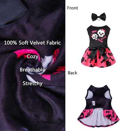 CuteBone Halloween Skulls Dog Dress Velvet for Small Dogs Girl Puppy Dresses Pink Dog Clothes