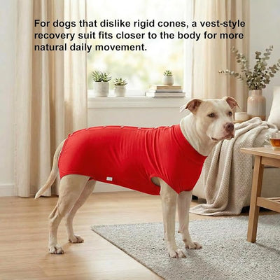 LovinPet Dog Recovery Suit, Easy Snap-Back Cover for Large Dogs, Bodysuit for Female Dogs, Solid-Color Surgery Suit with Cushioned Belly Panel, Red, L