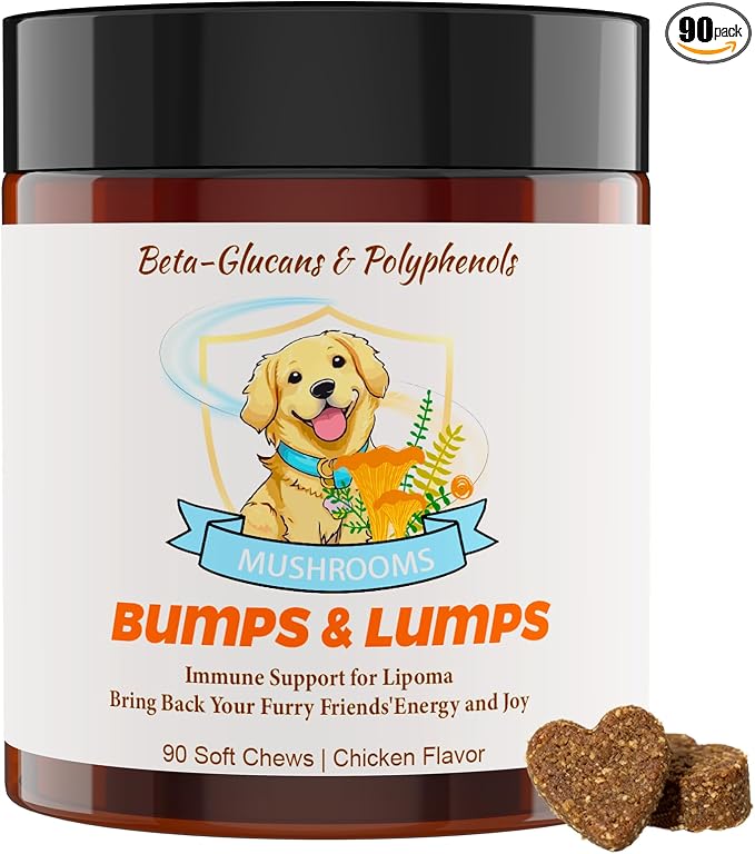 Natural Lipoma Support for Dogs, 7 Organic Mushroom Blend with Beta-Glucans, Boosts Immunity, 1500mg High Potency Turkey Tail, Reishi, Lion's Mane Helps Reduce Lumps & Bumps, 90 Chicken Soft Chews