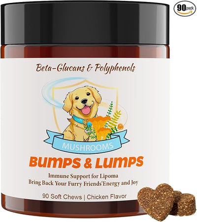 Natural Lipoma Support for Dogs, 7 Organic Mushroom Blend with Beta-Glucans, Boosts Immunity, 1500mg High Potency Turkey Tail, Reishi, Lion's Mane Helps Reduce Lumps & Bumps, 90 Chicken Soft Chews