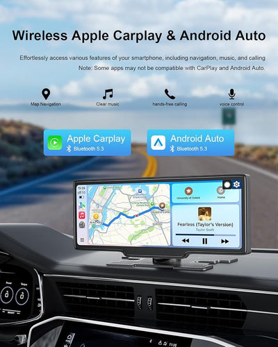 Wireless Carplay Screen for Car, 10.26" Apple Car Play & Android Auto Screen, Car Tablet, Audio Receivers Touchscreen with GPS Navigation/Mirror Link/Siri/FM (No Front & Rear Cameras)