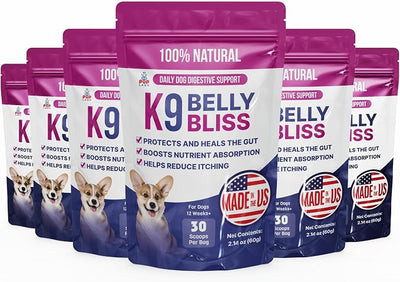 Pup Labs K9 Belly Bliss, All-Natural Gut Health for Dogs, Vet Approved Prebiotic for Dogs for Daily Digestive Support & Dog Constipation Relief, Topper for Dry & Wet Food, 6 Pack with 30 Scoops Each.