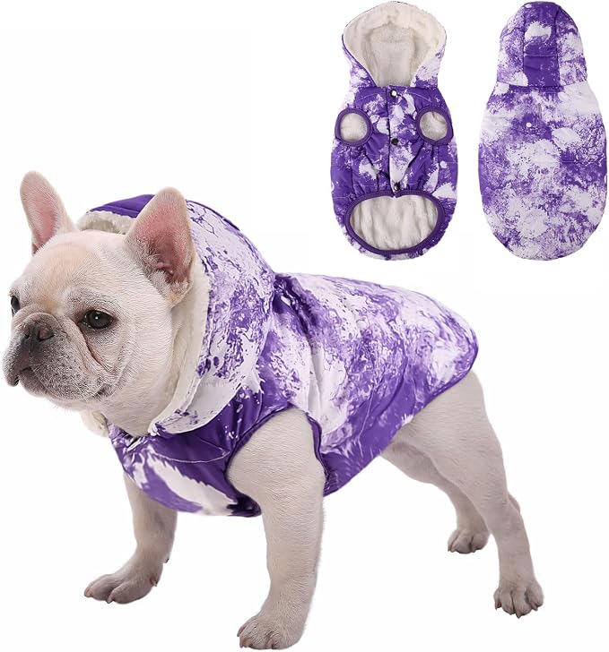 SAWMONG Waterproof Dog Winter Coat, Warm Fleece Lined Dog Jacket with Hood, Windproof Puppy Coat, Pet Apparel Vest Outdoor&Indoor Winter Activities(TiedyePurple,XXXL)