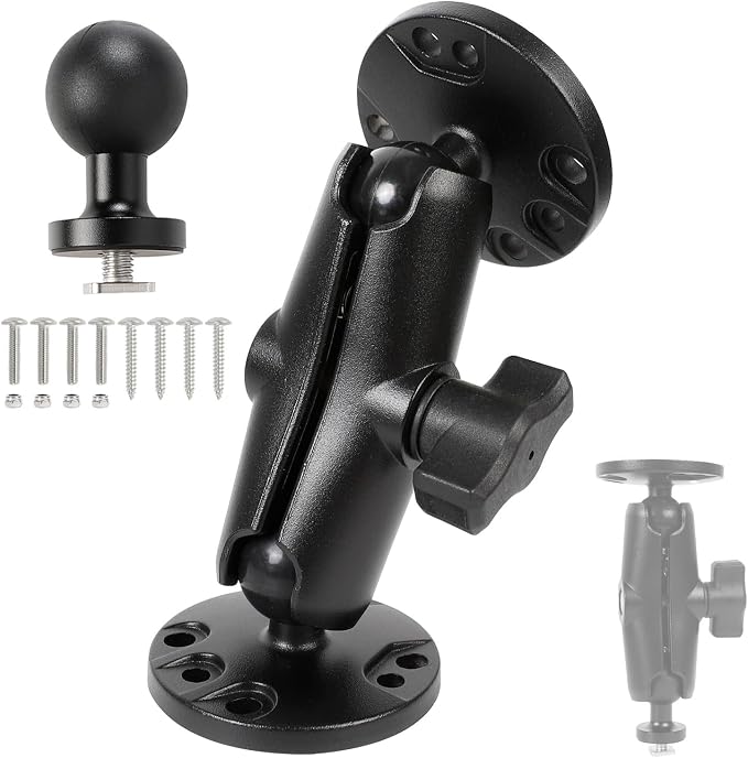 Aluminum Kayak 1" Ball Mount for Garmin Striker 4 / Plus 4 / Vivid 4cv, Fish Finder Mount with Round Plates & T-Bolt Track Base, Medium Arm Marine Electronic Holder Compatible with Lowrance, Raymarine