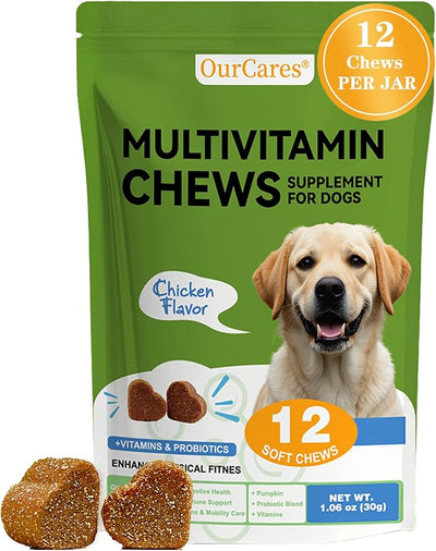 Dog Multivitamin Chewable - Vitamins and Supplements - Dog Daily Vitamin with Glucosamine Probiotics Omega-3 for Coat Hip Joint Heart Digestive Immune Health Support, Chicken Flavor, 12Ct