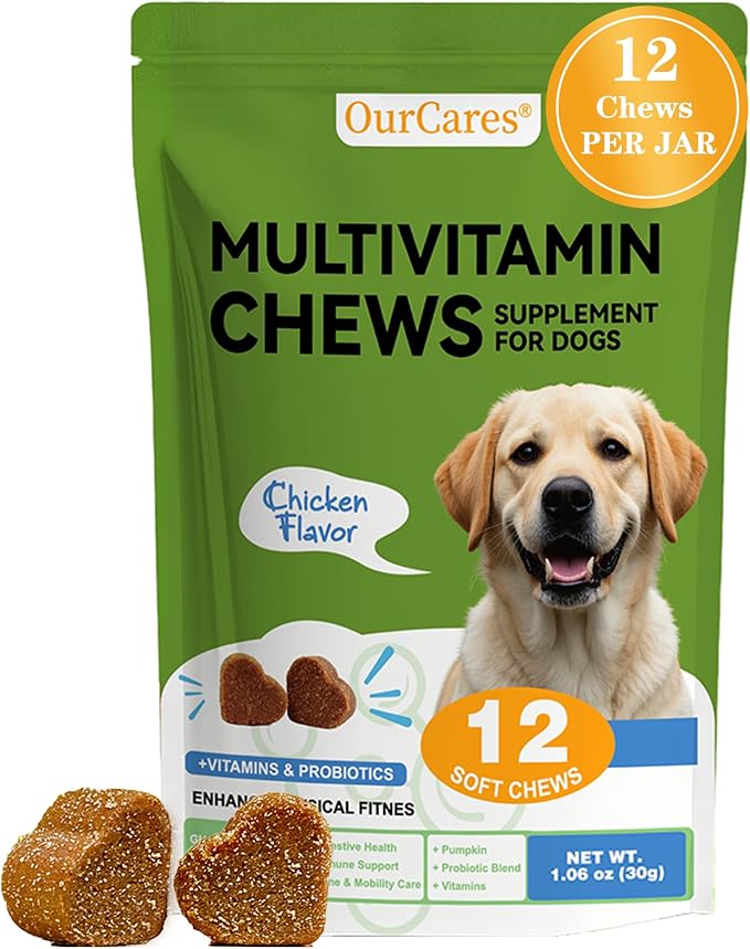 Dog Multivitamin Chewable - Vitamins and Supplements - Dog Daily Vitamin with Glucosamine Probiotics Omega-3 for Coat Hip Joint Heart Digestive Immune Health Support, Chicken Flavor, 12Ct