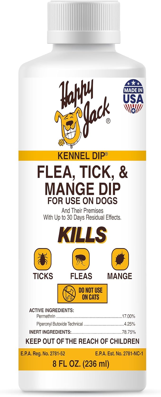 Happy Jack Kennel Dip Dog Flea & Tick Treatment Professional-Grade Parasite Control Spray for Puppies & Dogs, Kills Fleas, Mange, Lice & Ticks, 30-Day Protection, Indoor Outdoor Use (8 oz)