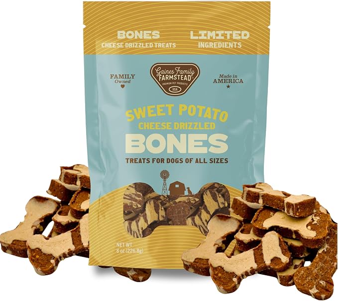 Gaines Family Farmstead Cheese Drizzled Sweet Potato Dog Bones - 8 oz Bag, Grain-Free, All-Natural Dog Treats for Digestion, Skin, Energy & Immunity – Limited Ingredient, Made in USA