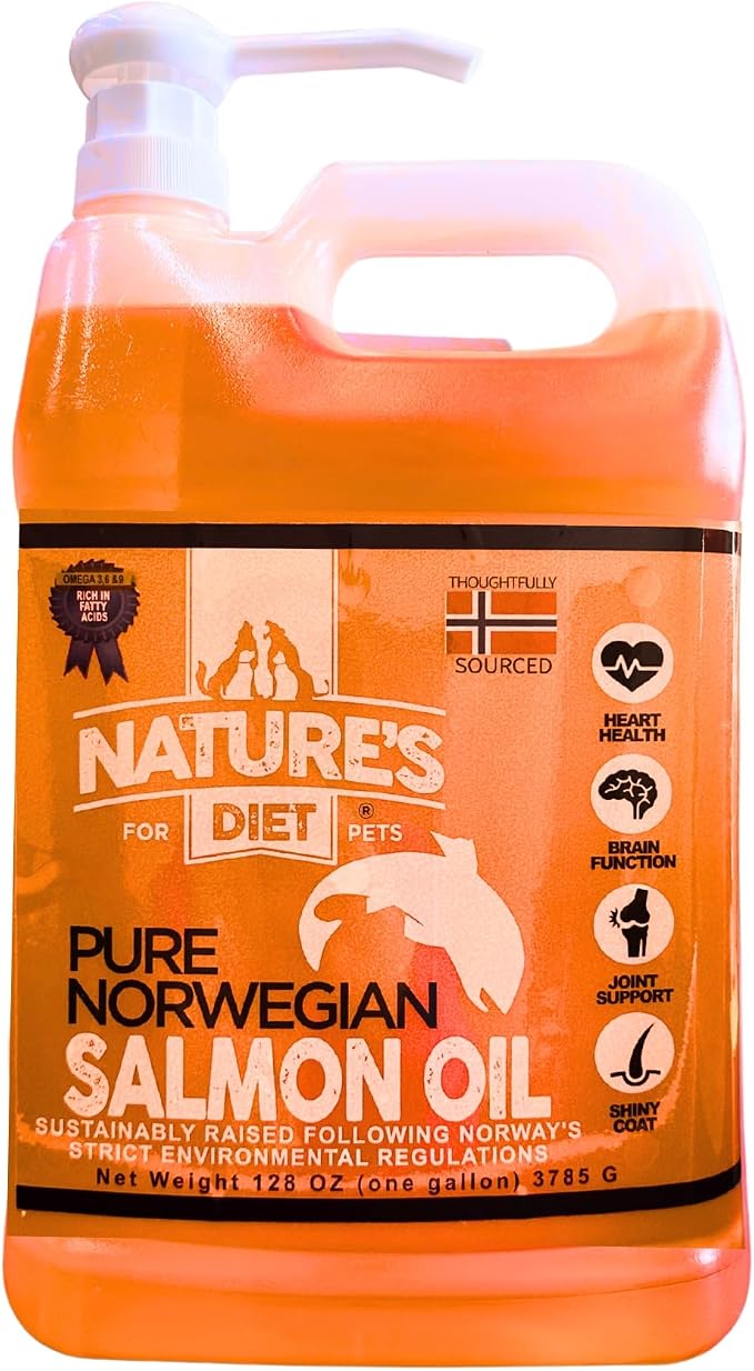 Nature's Diet Pet 32 oz Norwegian Salmon Oil Dogs & Cats - Natural Support for Joint Function Immune Heart Health Appetite Skin & Coat Omega 3 6 9 Liquid Food Topper EPA DHA Fatty Acids (1 Gallon)