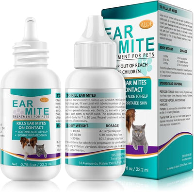 Ear Mites Clean for Dogs & Cat, Ear Mite Treatment, Soothes with Aloe Vera, Safe for Pets 12+ Weeks, Vet-Recommended Formula, Pack of 1/0.75floz