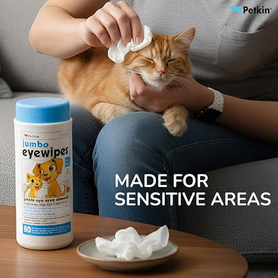 Petkin Jumbo Pet Eye Wipes, 80 Extra Moist Wipes - Gentle Eye Cleansing Wipes Remove Dirt, Discharge, & Tear Stains - Safe, Convenient, & Easy to Use Pet Wipes for Dogs, Cats, Puppies & Kittens