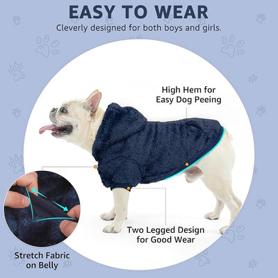 SCENEREAL Fleece Dog Sweaters Hoodie for Small Medium Large Dogs Girls Boys, Plush Fuzzy Dog Clothes Hoodies with Leash Hole, Winter/Fall Puppy Cold Weather Coat, Sherpa Hooded Sweatshirt, Navy SM