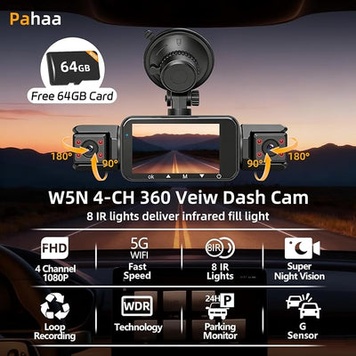 4 Channel Dash Cam Front and Rear Cabin, 360 Dash Camera, Night Vision 8 IR Lamps for Cars, 5G WiFi for Download, G-Sensor, 24H/7 Parking Mode with 64GB Card, Support 256 GB Max