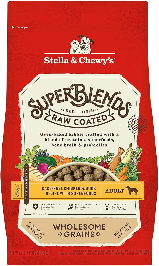 Stella & Chewy's SuperBlends Raw Coated Wholesome Grains Cage-Free Chicken & Duck Recipe with Superfoods, 3.5 lb. Bag