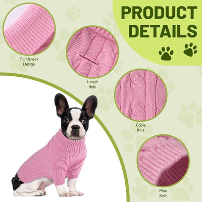 Small Dog Thermal Pullover Sweater, Classic Turtleneck Cable Knitwear Dog Clothes for Cold Weather Warm Pet Clothes for Chihuahua, Bulldog, Dachshund, Pug Pink Large