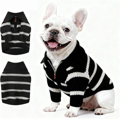 Small Dog Sweater with Zipper, Knitted Striped Pullover Dog Clothes for Cold Weather, Thick Warm Cozy Stretchy Sweater for Chihuahua, Bulldog, Dachshund, Pug(Black & White Strip, L)