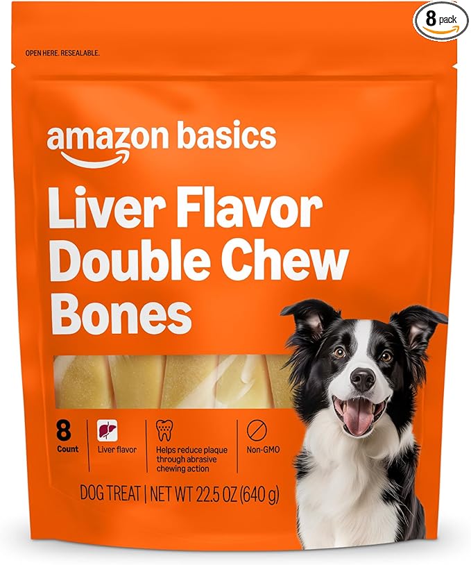 Amazon Basics Double Chew Bone Dog Treats, Liver - 8 Count, 1 Pack