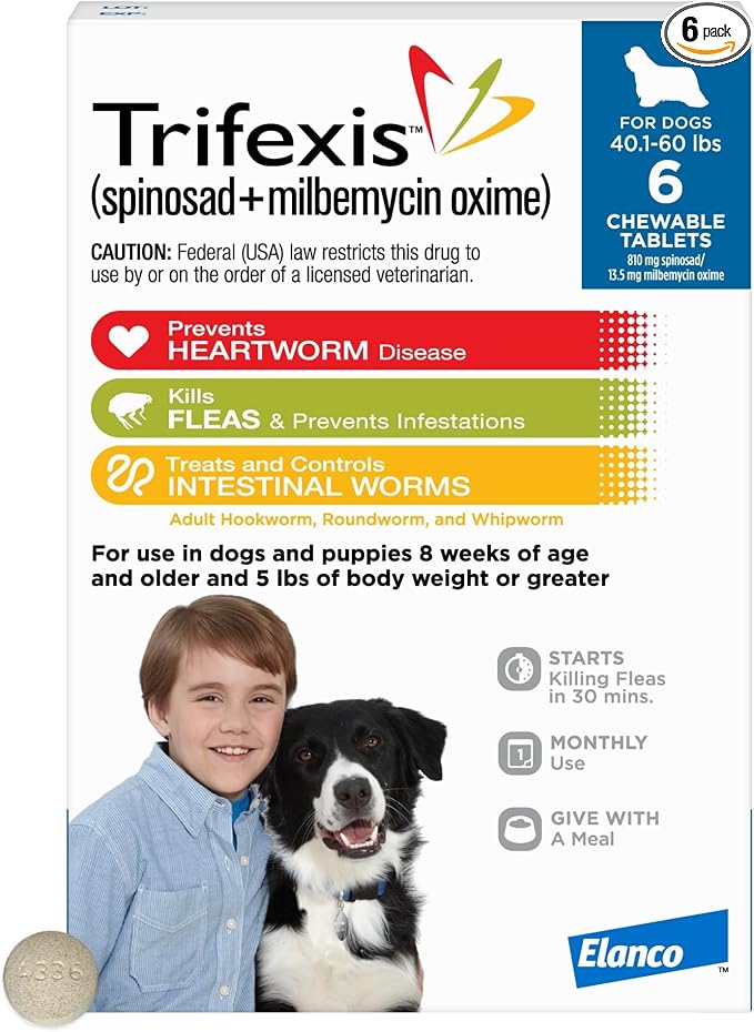 Trifexis Heartworm Prevention | Treats & Controls Flea Infestations + 4 Other Worms | Dogs 40.1-60 lbs. | 6 Chewables