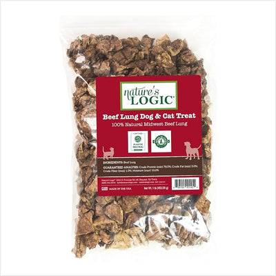 NATURE'S LOGIC Beef Lung Dog & Cat Treats - 100% Natural Midwest USDA Beef Source - Roasted Treats for Dogs and Cats - No Synthetics - 78% Protein - Beef Lung Treat, 1lb