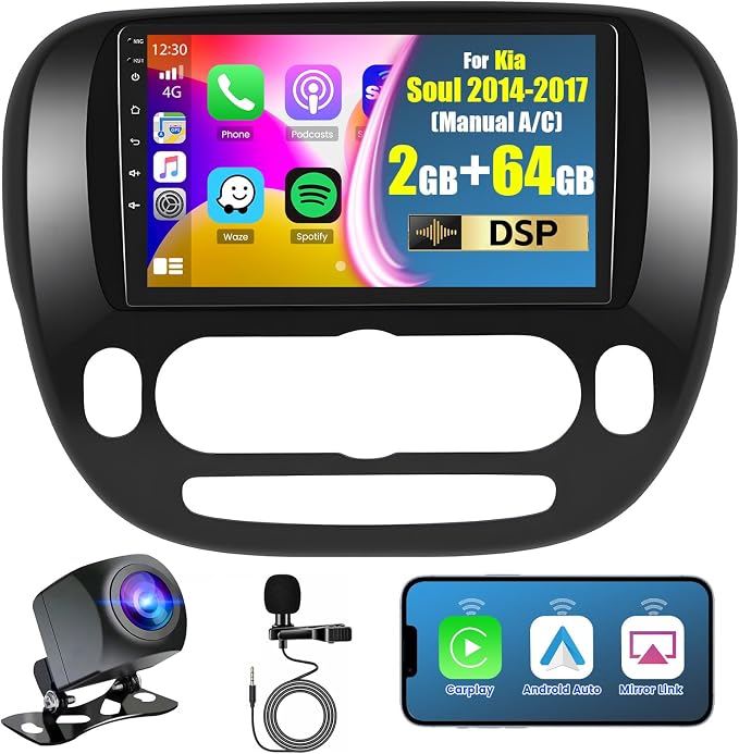 4Core 64G for Kia Soul 2014-2017 (Manual A/C) Android Car Stereo Radio with Wireless Carplay Android Auto, 9 Inch Touchscreen Radio WiFi GPS Navigation Bluetooth FM RDS EQ Mirror Link