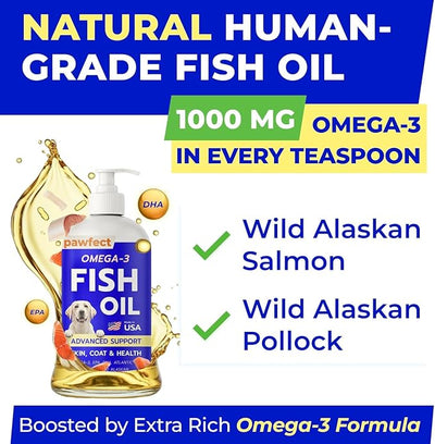 PAWFECTCHEW Fish Oil for Dogs - Natural Omega-3 - Skin & Coat Support - Liquid Food Supplement for Pets - Natural EPA + DHA Fatty Acids for Joints, Immune & Heart Health 16 fl oz