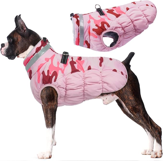 Lelepet Warm Dog Winter Coat Dog Coats for Large Dogs Waterproof Dogs Jacket with Harness Built in Reflective Cold Weather Coats Zip-Up Winter Fleece Vest Snowsuit Boston Terrier Pink Camo L