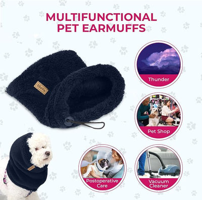 Dog Ear Muffs Noise Protection - Soft Calming Hood for Anxiety Relief, Fireworks, Thunder, Grooming & Vet Visits - Elastic Band & Comfortable Neck Warmer for Travel (Navy, Large)