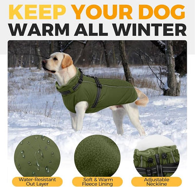 Lelepet Dog Coat with Harness Built in, Waterproof Dog Jacket for Large Dogs Reflective Winter Jacket with Zip Warm Cold Weather Coats for Dogs,Turtleneck Snowsuit, Great Dane, Army Green, XXXL