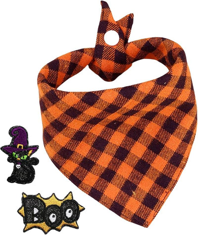 Dog Bandana Plaid,Boo & Witch Cat Embroidery Patches,Orange & Black Large