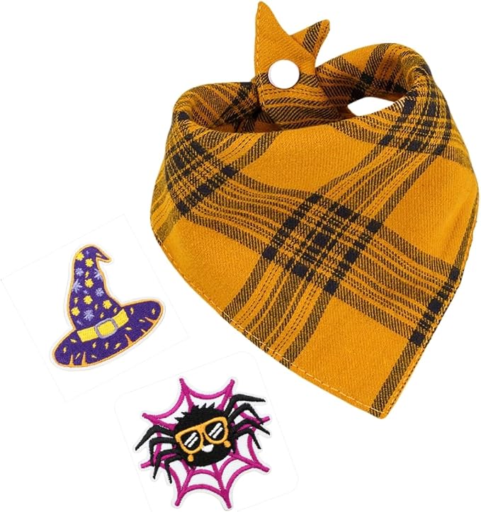 Plaid Dog Bandana - Spider and Witch Hat Embroidery Patches Durable Fabric, Puppy Handkerchief, Boys and Girls Pet Scarf,Medium