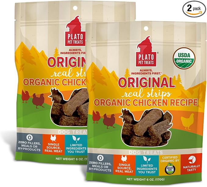 PLATO Pet Treats Real Strips Dog Treats – USDA Organic Chicken – Air-Dried High Protein Dog Treats – Limited Ingredient, Nutrient Dense, No Fillers – Made in USA – 6 oz