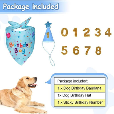 Dog Boy Girl Birthday Party Hat, Dog Birthday Party Supplies, Birthday Bandana Set with Numbers for Gaint and Extra Large Dogs (Blue)