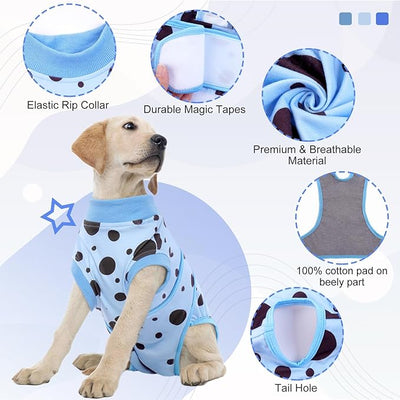 Kuoser Dog Surgery Suit, Soft Dog Spay Recovery Suit Female, Anti Licking Neuter Recovery Suit for Male Dogs, Post-Op Pet Surgical Suit Protective Wear E-Collar & Cone Alternative,Blue Polka Dots S