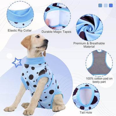 Kuoser Dog Surgery Suit, Soft Dog Spay Recovery Suit Female, Anti Licking Neuter Recovery Suit for Male Dogs, Post-Op Pet Surgical Suit Protective Wear E-Collar & Cone Alternative,Blue Polka Dots M