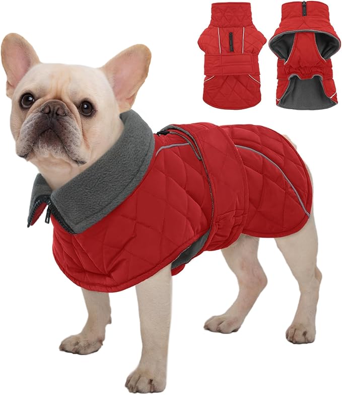 Kuoser Dog Jacket Warm Fleece Lined Dog Coats for Small Dogs, Waterproof Pet Coat Reflective Puppy Snowsuit with Harness Hole for Cold Weather Walking Hiking, Quilted Dogs Winter Vest, Red, S