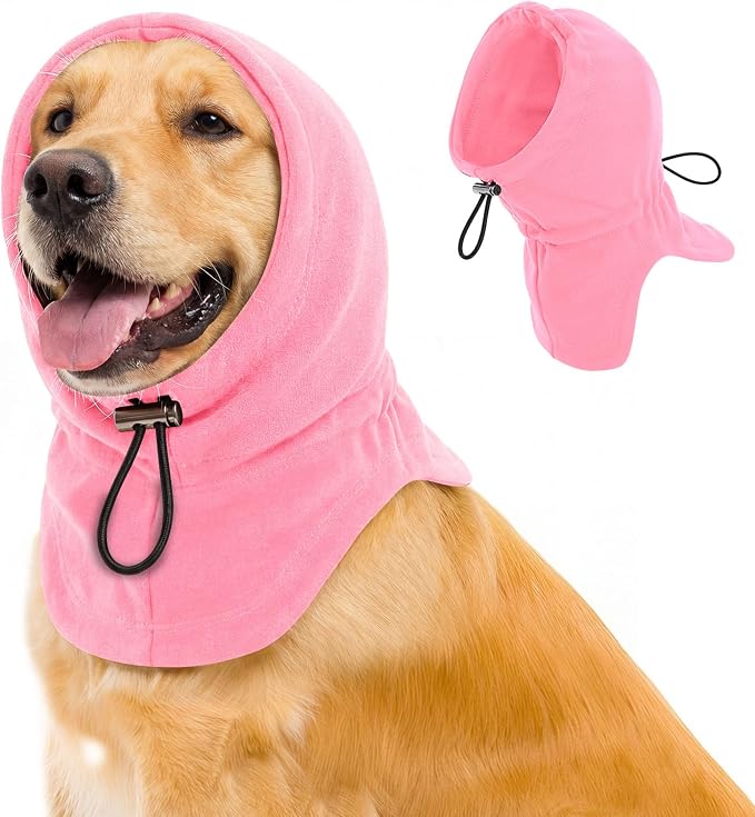 Dog Calming Hoodie - No Shake Ear Wraps for Dogs, Anxiety Relief & Noise Protection, Pet Ear Cover for Thunderstorms, Firework, Grooming, Force Drying, Pink L