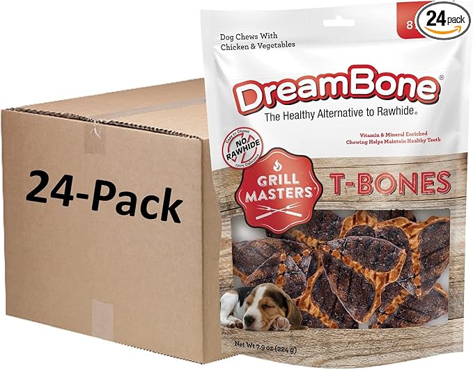 DreamBone Grill Masters T-Bones, Small, Rawhide-Free Chews for Dogs (1 CASE of 24 Individual Packs of 8 Count)