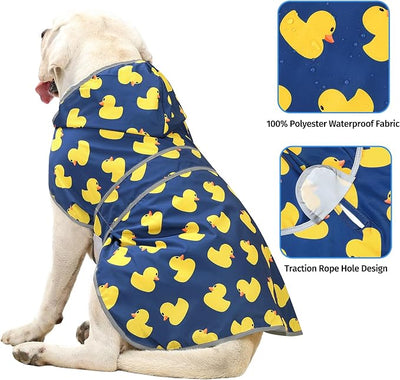 Dog Raincoat for Large Dogs Waterproof Jacket Hooded Rain Coats with Reflective Strips Leash Hole & Poncho Adjustable Fit (Duck,XXL)