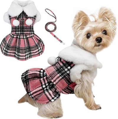 Dog Sweater with Leash Set D Ring Plaid Fleece Dog Clothes for Small Dogs Girl Boy Winter Puppy Dress Cold Weather Coat Fall XXS Sweater for Chihuahua Yorkie Cat Doggy Costumes, Pink, M