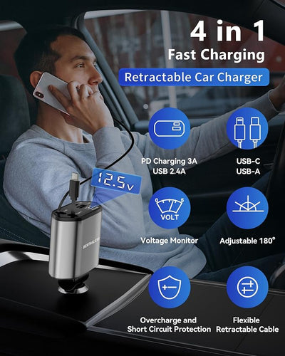 BERTHALESS Retractable Car Charger, 4 in 1 Fast Charging Car Charger with USB-C & USB-A, Compatible with iPhone 17/16/15/14/13/12/11,Galaxy,Pixel,Car Accessories Gifts for Fathers Day,Husband,Men,Dad