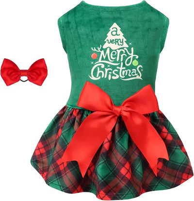 CuteBone Christmas Tree Dog Dress Velvet for Small Dogs Girl Puppy Dresses Green Plaid Dog Clothes