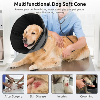 Queenmore Dog Cones for Large Dogs, Soft Dog Cone for Large Breeds, Cone for Dogs After Surgery, Adjustable Elizabethan Collar for Pet to Prevent Licking Wounds, Grey L