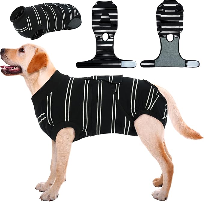 Kuoser Dog Surgery Recovery Suit, Soft Breathable Dog Recovery Suit for Female Spay Male Nueuter, Anti Licking Puppy Onesie Pet Surgical Suit for Dogs Abdominal Wounds Skin Disease, Black Strips L
