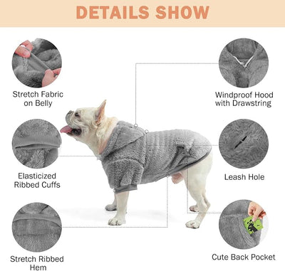 SCENEREAL Fleece Dog Sweaters Hoodie for Small Medium Large Dogs Girls Boys, Plush Fuzzy Dog Clothes Hoodies with Leash Hole, Winter/Fall Puppy Cold Weather Coat, Sherpa Hooded Sweatshirt, Grey ML