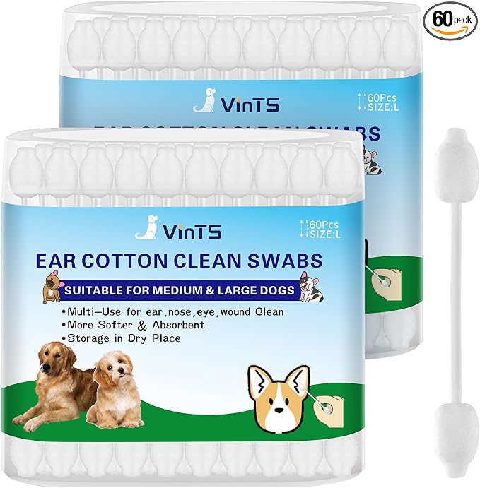VinTS 60 PCS Cotton Dog Ear Cleaning Swabs, Pet’s Ear Infection Treatment Gourd-Shaped Swabs Prevent Accidental Injuries, Safer Cleaning for Dogs and Cats– Large Size.100% Cotton