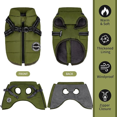 Warm Dog Winter Coat, Fashion Sports Cold Weather Jacket with Built-in Harness, Reflective & Adjustable Comfortable Pet Vest, Windproof Apparel for Small Medium Large Dogs (Green)